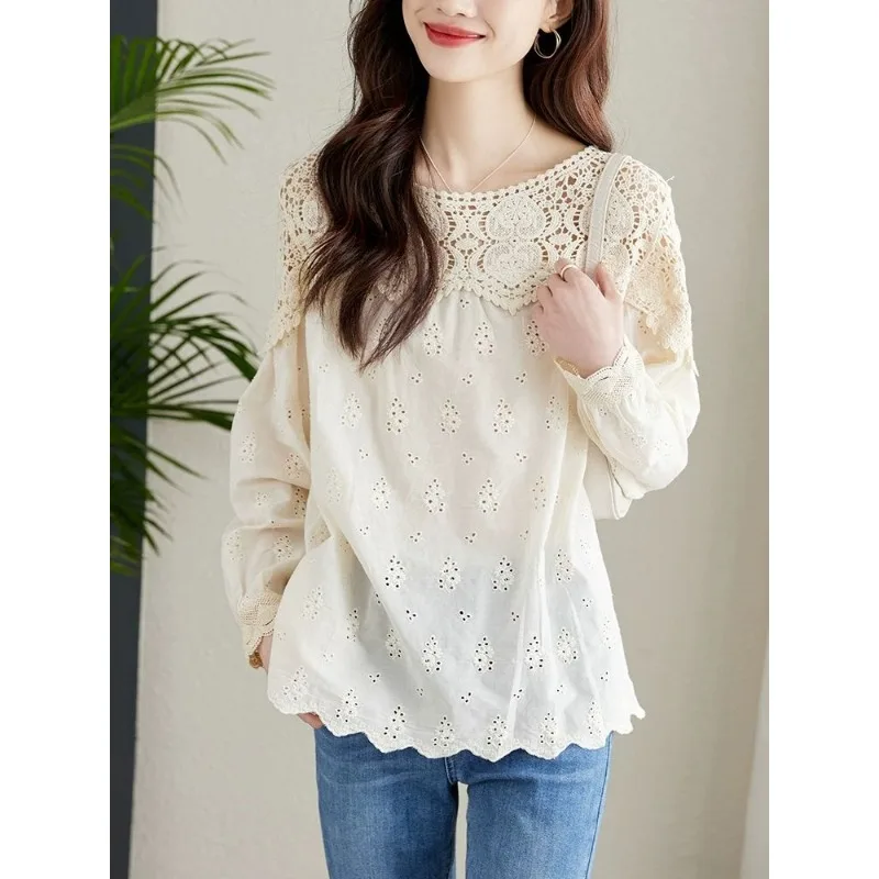 Korean Version Simplicity Fashion Commute Hollow Out Montage Solid Color Sense of Design Ladies\' Round Neck Shirt Autumn 2024