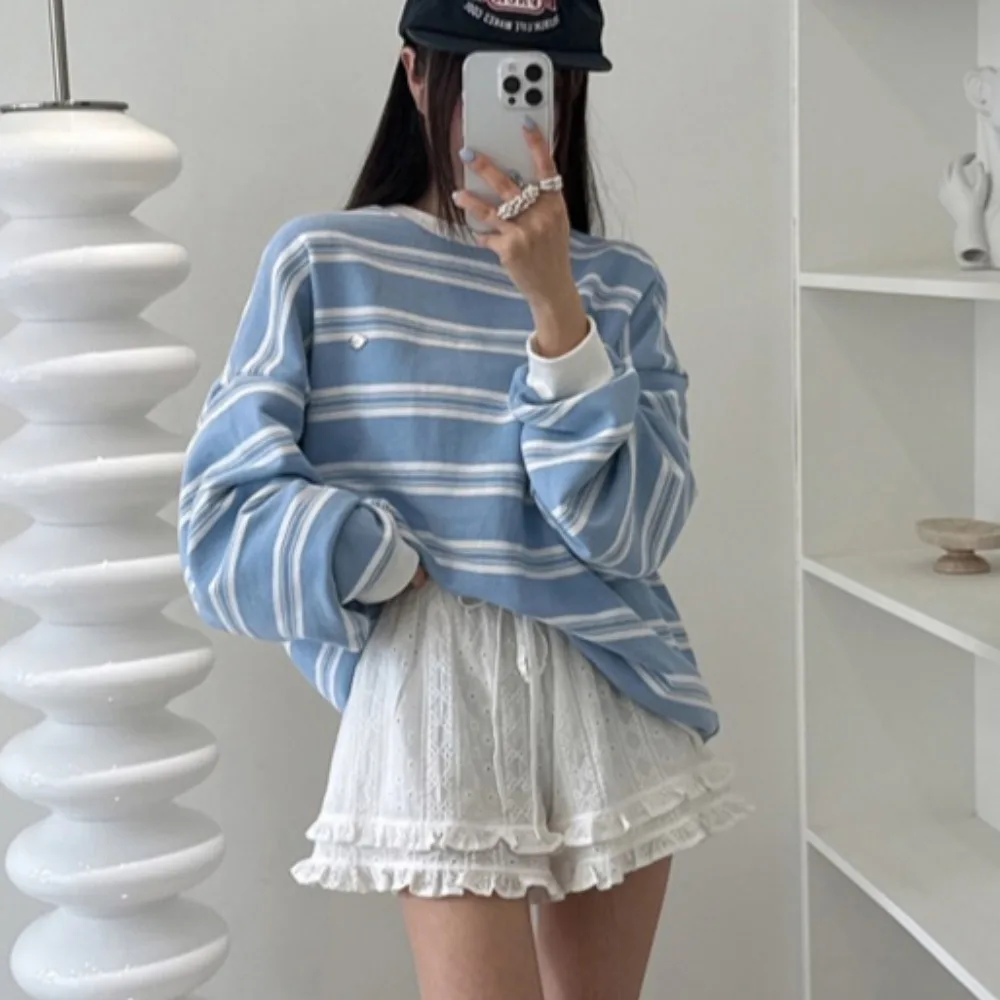 

Korean Color Blo Striped Sweatirt Women's Spring New Retro College Sle Embroidered Floral ort Pants Two Piece Set