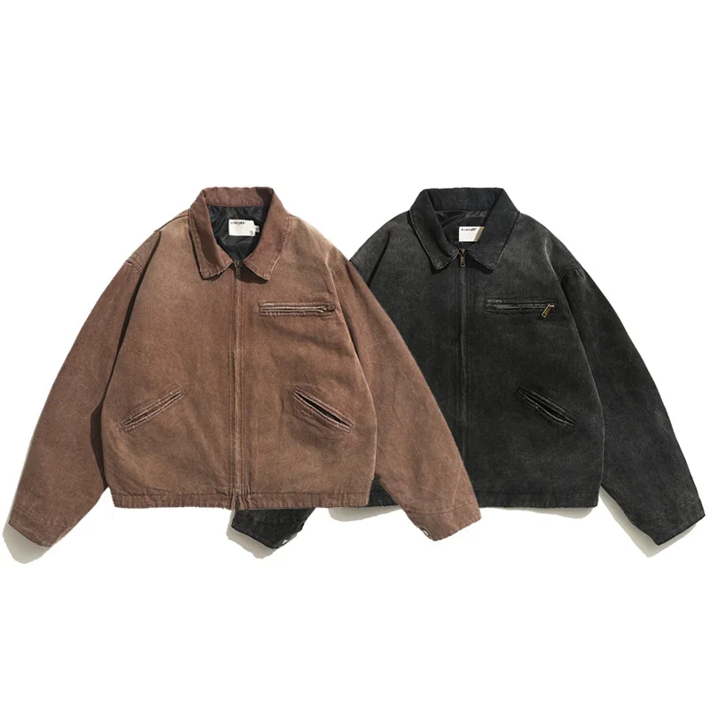 

Retro Waed Cotton Pearl Canvas Work Jaet Loose Fit ort Sle for Men And Women Detroit Destroyed Design Autumn Jaet