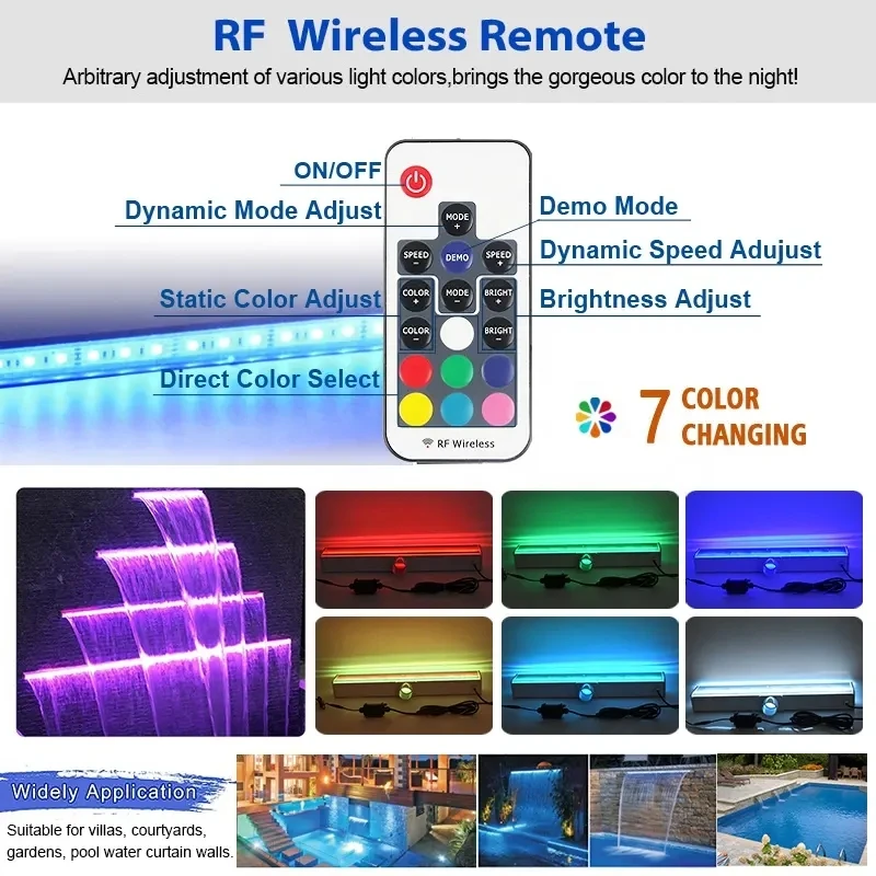 شلال أكريليك مثبت على الحائط لحمام السباحة والديكور البركة ، شفرة تتالي ، RGB ، النسب شير ، 60 سنتيمتر ، 90 سنتيمتر ، 120 سنتيمتر