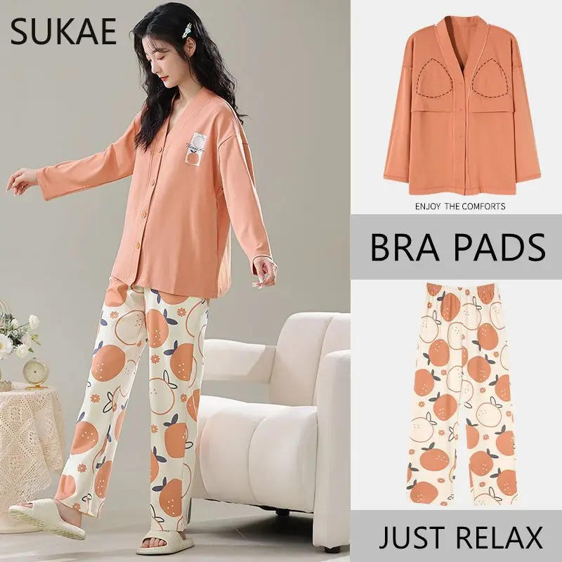 SUKAE Spring New Chest Padded Women Sleepwear Casual Kimono V-neck Long Sleeve Cardigan Mujer Floral Pajama Set M-3XL Loungewear