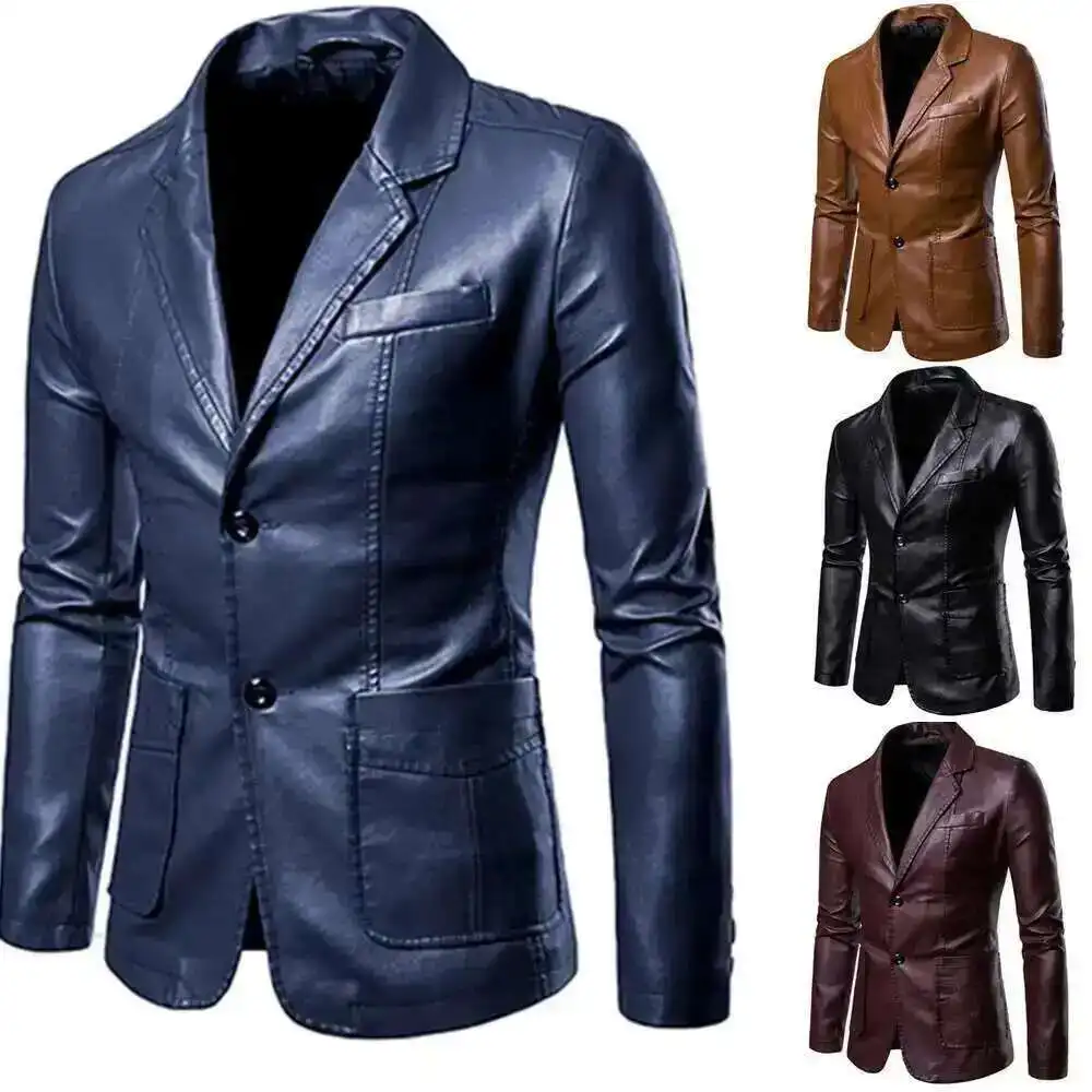 

New Spring Leather Blazer Man Autumn Fashion Men's Leather Jacket Dress Suit Coat Male Business Casual Pu Black Blazers Jacket