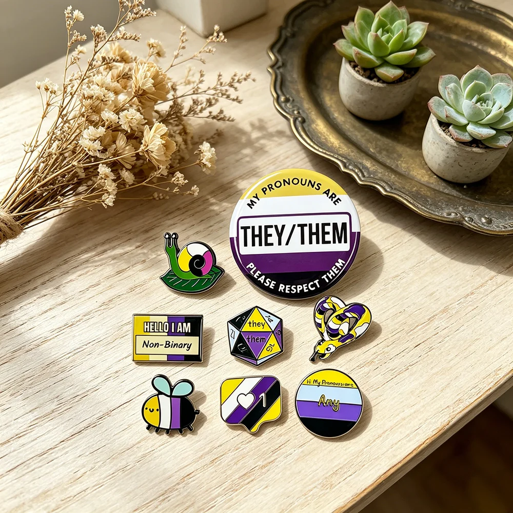 Non-Binary Pride Enamel Pins They/Them Pronoun Badges LGBTQ+ Snail Bee Dice Brooches Backpack Decorative Jewelry Gift