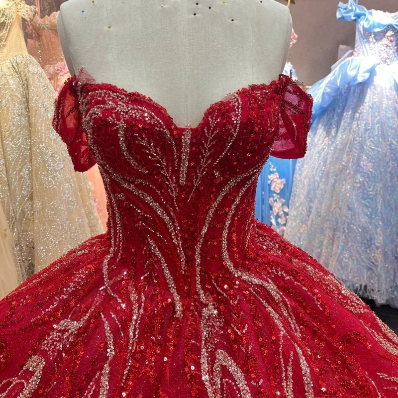 

Shiny Red Quinceanera Dress crystal Glitter Flower Decal off-shoulder Lace Long tail Vestidos De 15 Quinceanera ﻿Customize