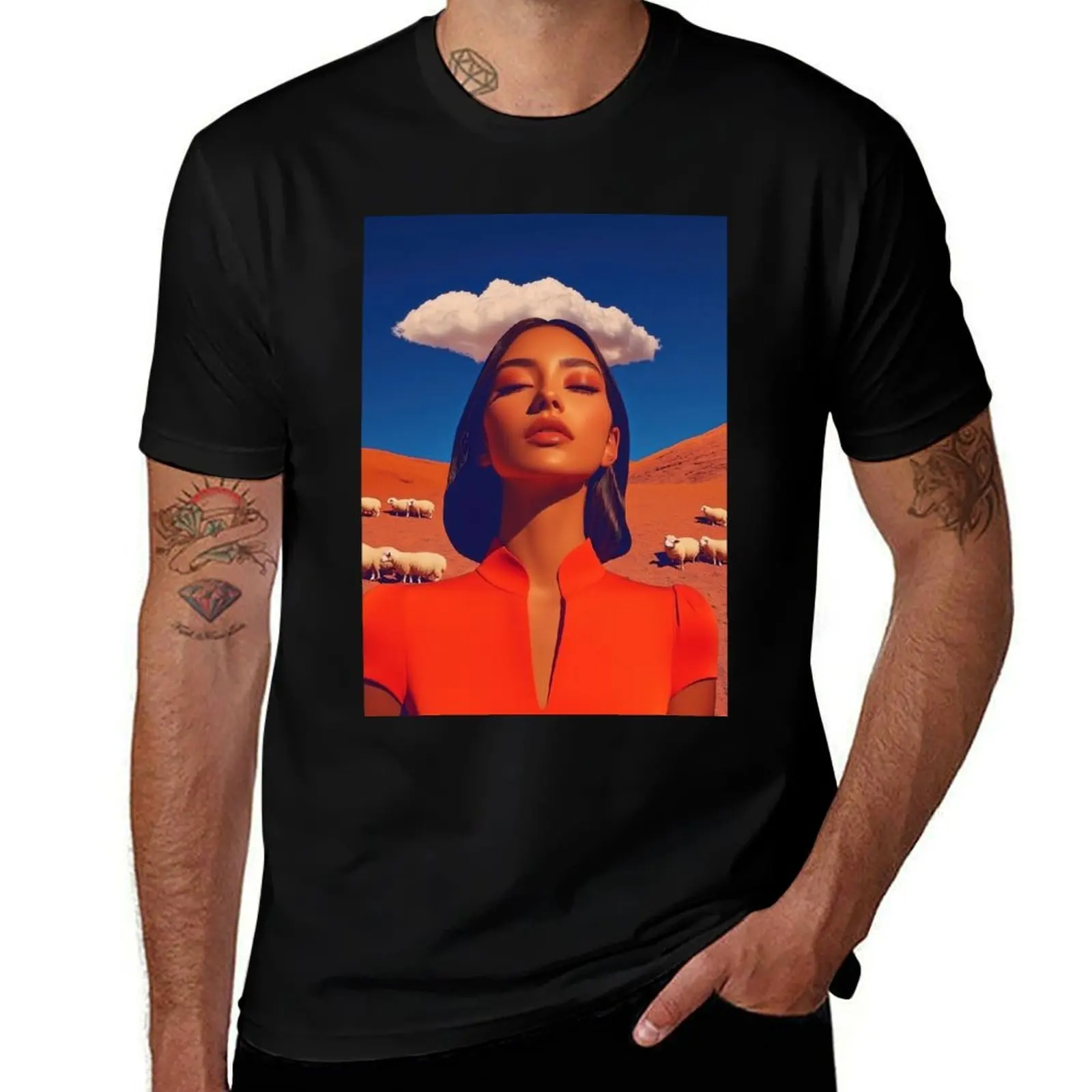 

Surreal Woman in Red with Cloud Halo and Desert Sheep T-Shirt vintage t shirts man t shirt Funny t-shirts tshirts for men