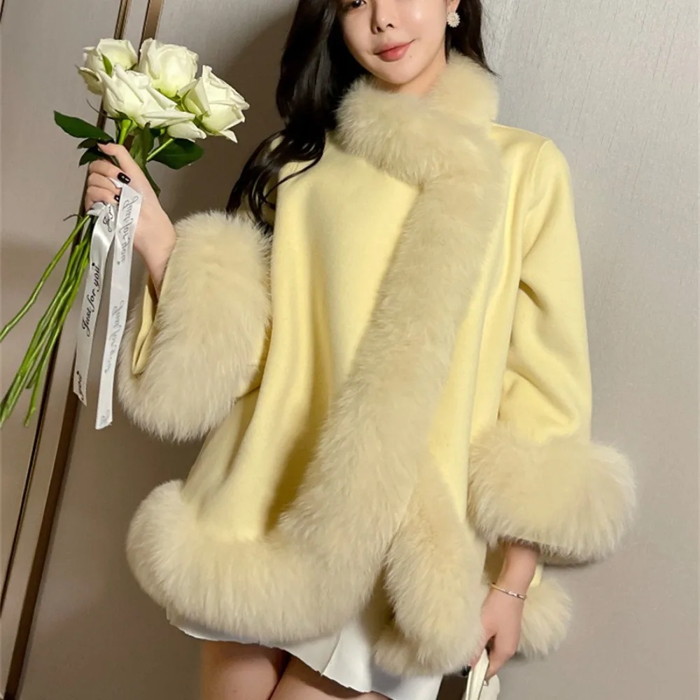 2024 New Women Autumn Real Fox Fur Collar and Cuff Casual Outerwear Long Sleeve Fox Fur Double Side White Woolen Cape Cloak Coat