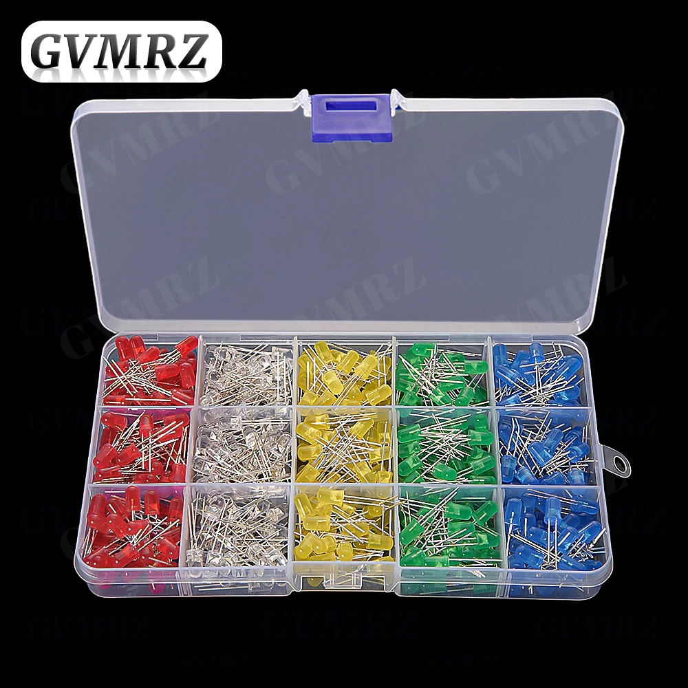 5 Farben 5 mm LED-Durchgangsloch-Dioden-Kit (Rot/Gelb/Blau/Grün/Weiß), jeweils 100 Stück, insgesamt 500 Stück im Karton