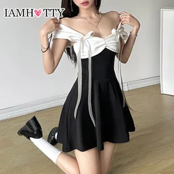 IAMHOTTY Princess Patchwork A-line Dress for Birthday Party Holiday Double Bow Decorate Sleeveless Sundress Y2K Robe Korean Cute