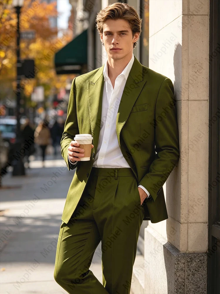 Men's Linen Suits Blend 2 Piece Set Peak Lapel Slim Fit Lightweight Blazer Straight-leg Pants for Summer Wedding Business Tuxedo