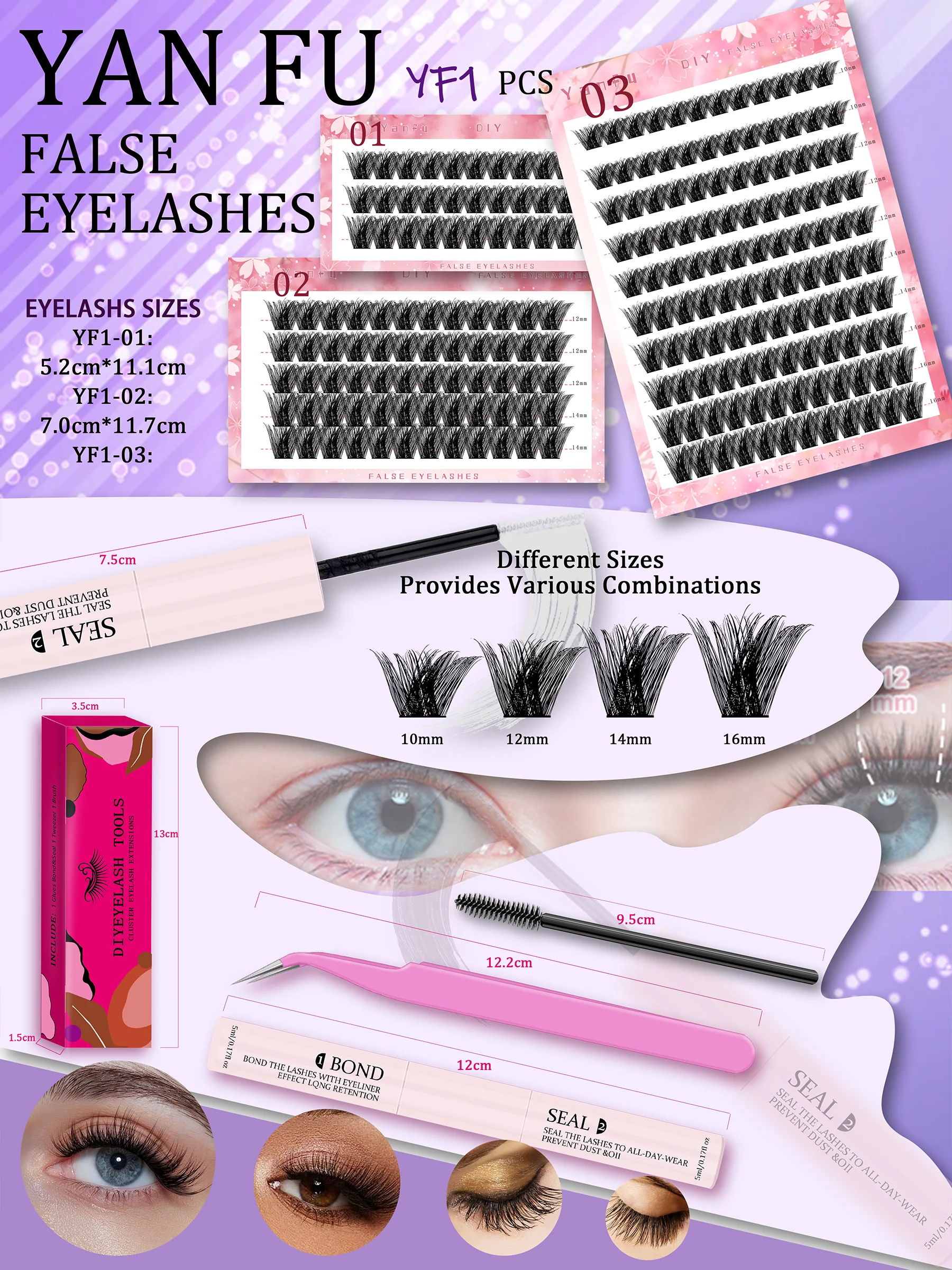 False Eyelashes Single Cluster Segmented 3 Rows Fine Stemmed Eyelashes