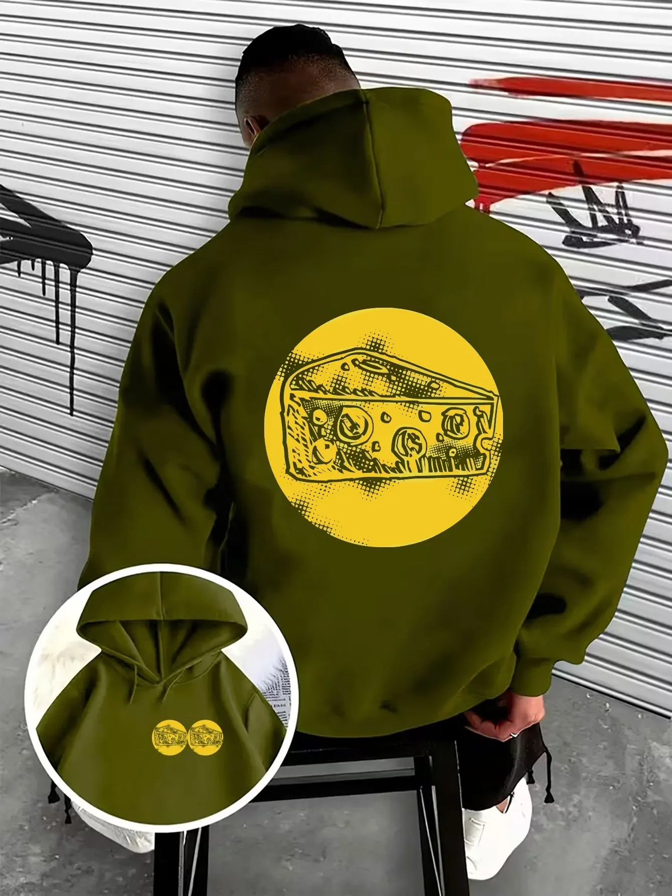 Men Oversized Hoodie Pop Art Cheese Slice Yellow Circle Front And Back Print Long Sleeve Streetwear Autumn Winter Pullover