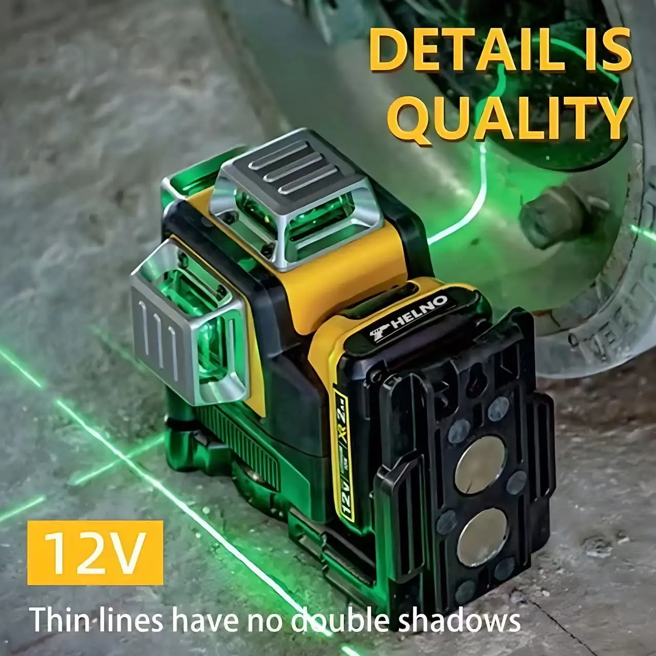 HELNO 3 Sides*360 Degree Vertical Lines Laser Level Meter Outdoor 12V Lithium Battery Horizontal Green Light Level