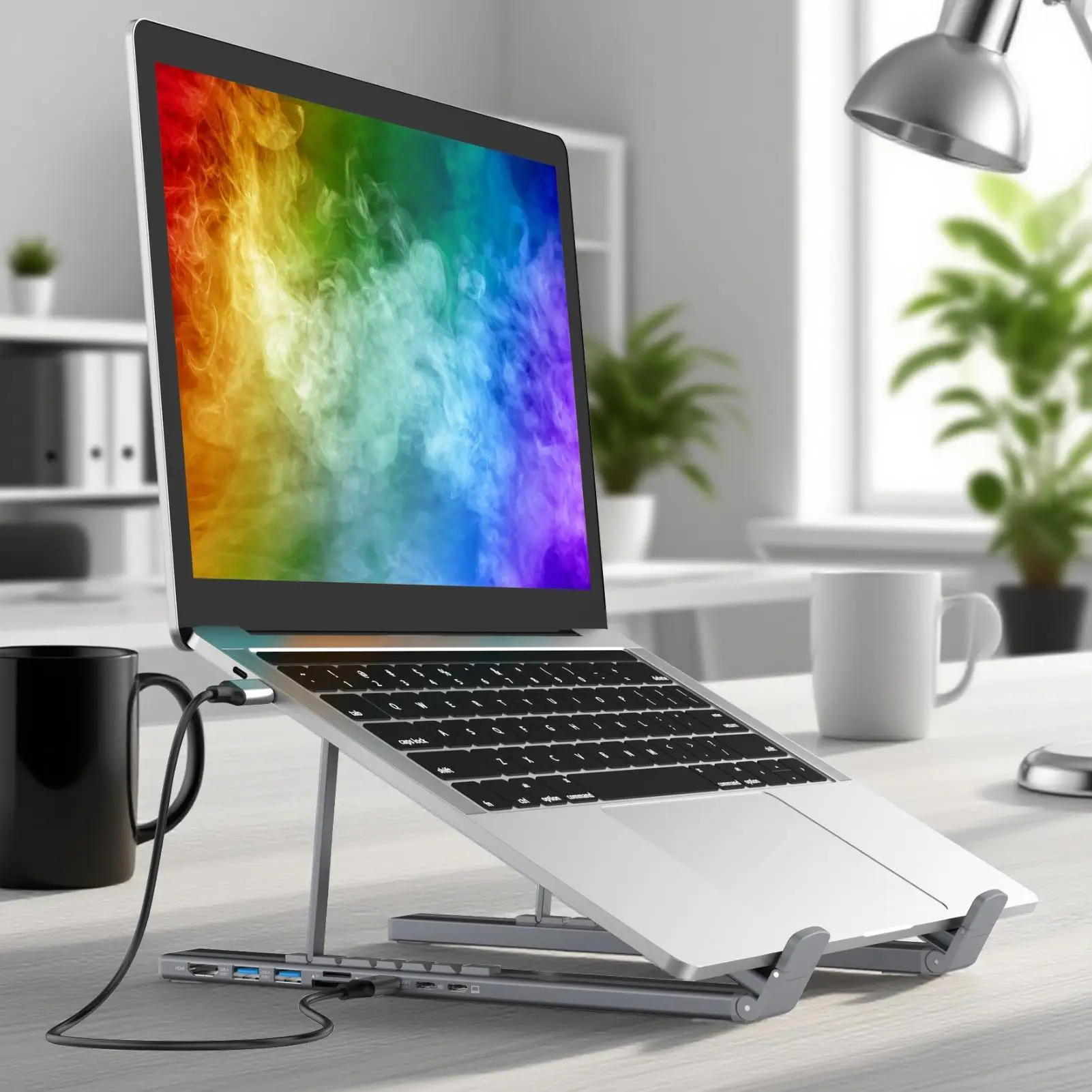 Подставка для ноутбука с док-станцией Регулируемая высота Подставка для планшета Многопортовый адаптер 8-в-1 Быстрая зарядка Охлаждающая подставка Эргономичная