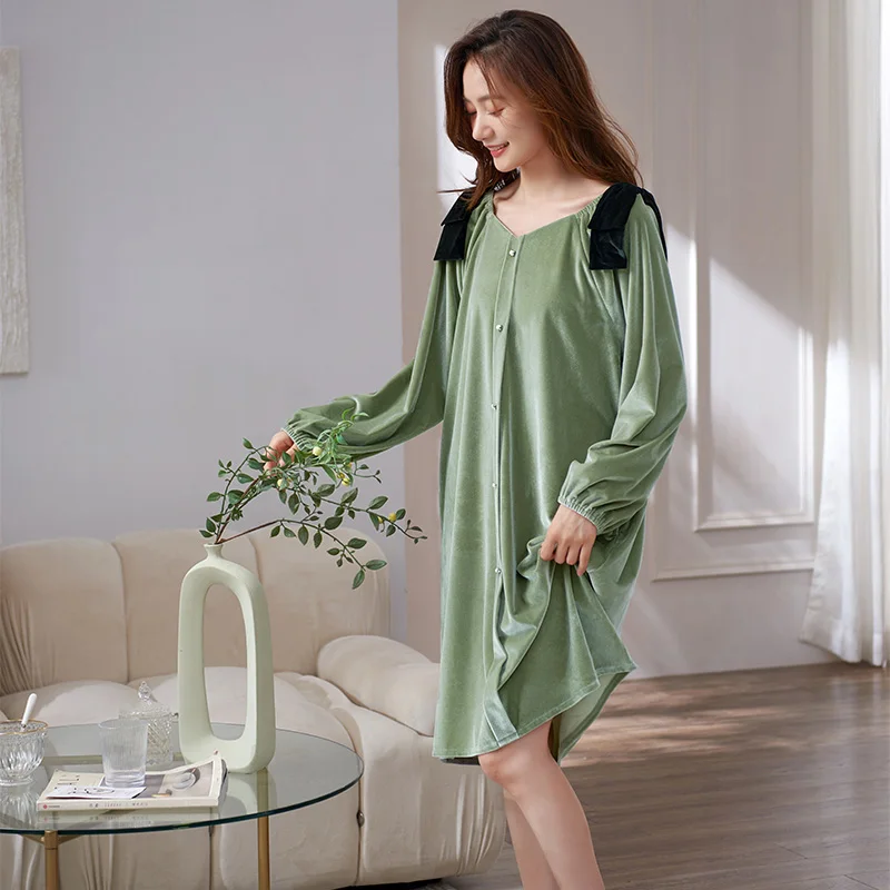 

Autumn Winter Woman Velvet Nightgowns Long Sleeve V-Neck Pullover Dress Long Sleeve Nightgown Princess Home Clothes For Female