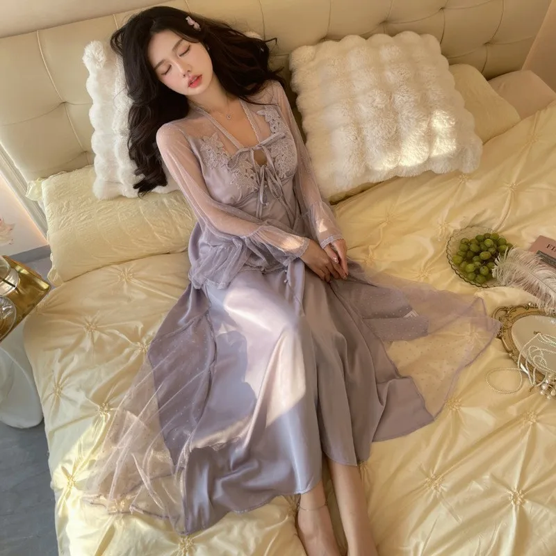 Ice Silk Nightgown Female Summer Sexy Lace Hollowed Out Long Dress Palace Style Home Clothes Solid Color Satin V-Neck Nightdress