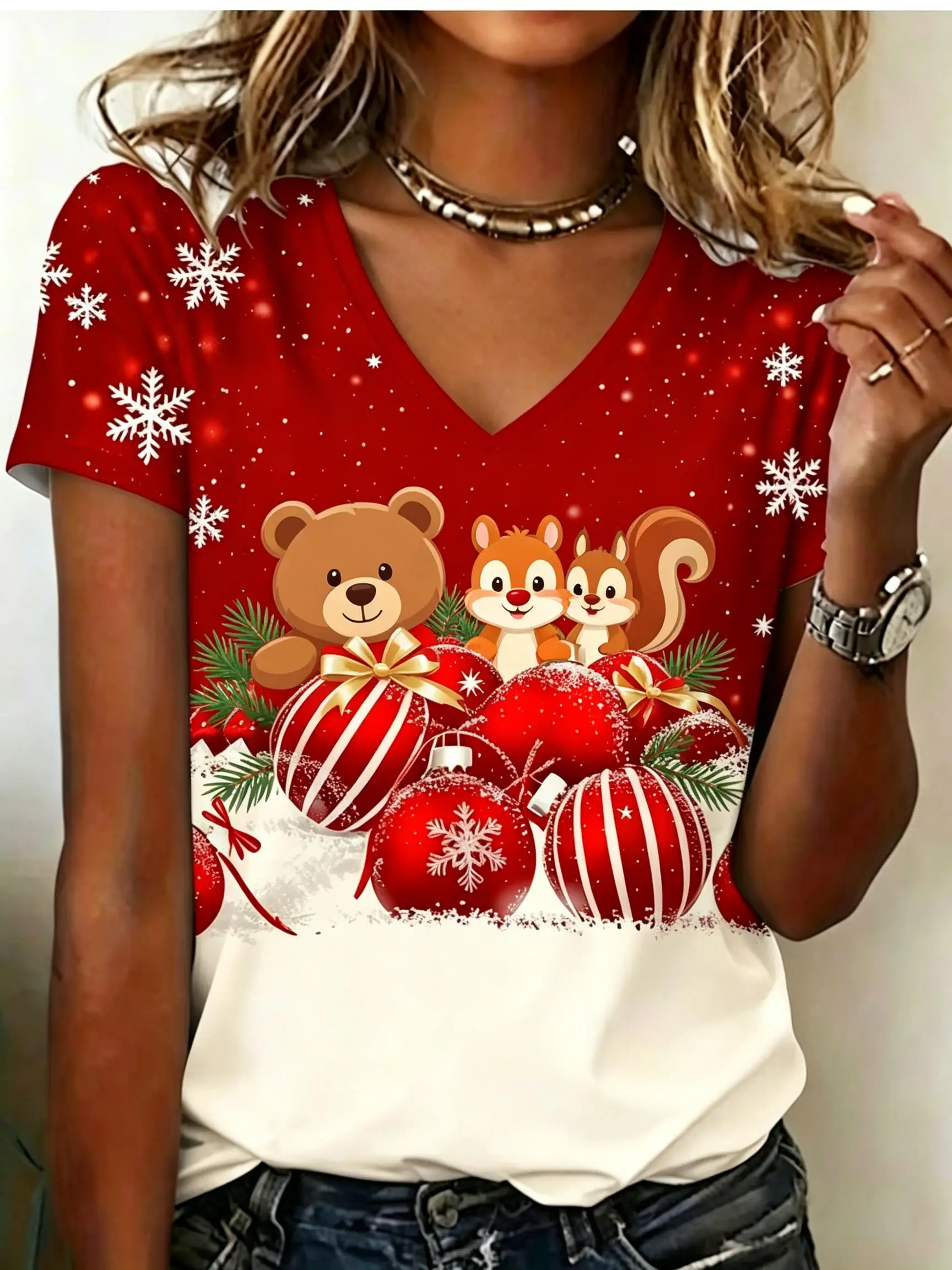 Women V‑Neck Short Sleeve T‑shirt Christmas Ornament Ball Cartoon Animal Snowflake Print Xmas Holiday Casual Party Tee Top