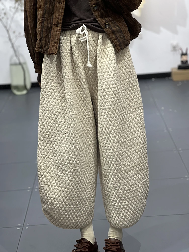 

Fall Winter Korean Style Fashion Women Casual Pants Solid Color Loose Versatile Office Lady Cotton Elastic Waist Lace-up Trouser