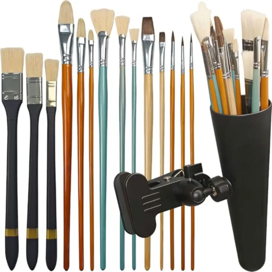 

【Spot goods】14 Paint Brushes Set with Brush Holder Includes Hog Bristle and Weasel Hair Brushes for Oil Acrylic and Watercolor