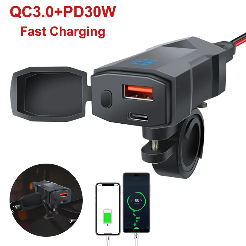 

Motorcycle USB Charger With Cord Voltmeter PD QC3.0 Fast Charger Handlebar Dual USB Socket Waterproof 12V Power Supply Adapter