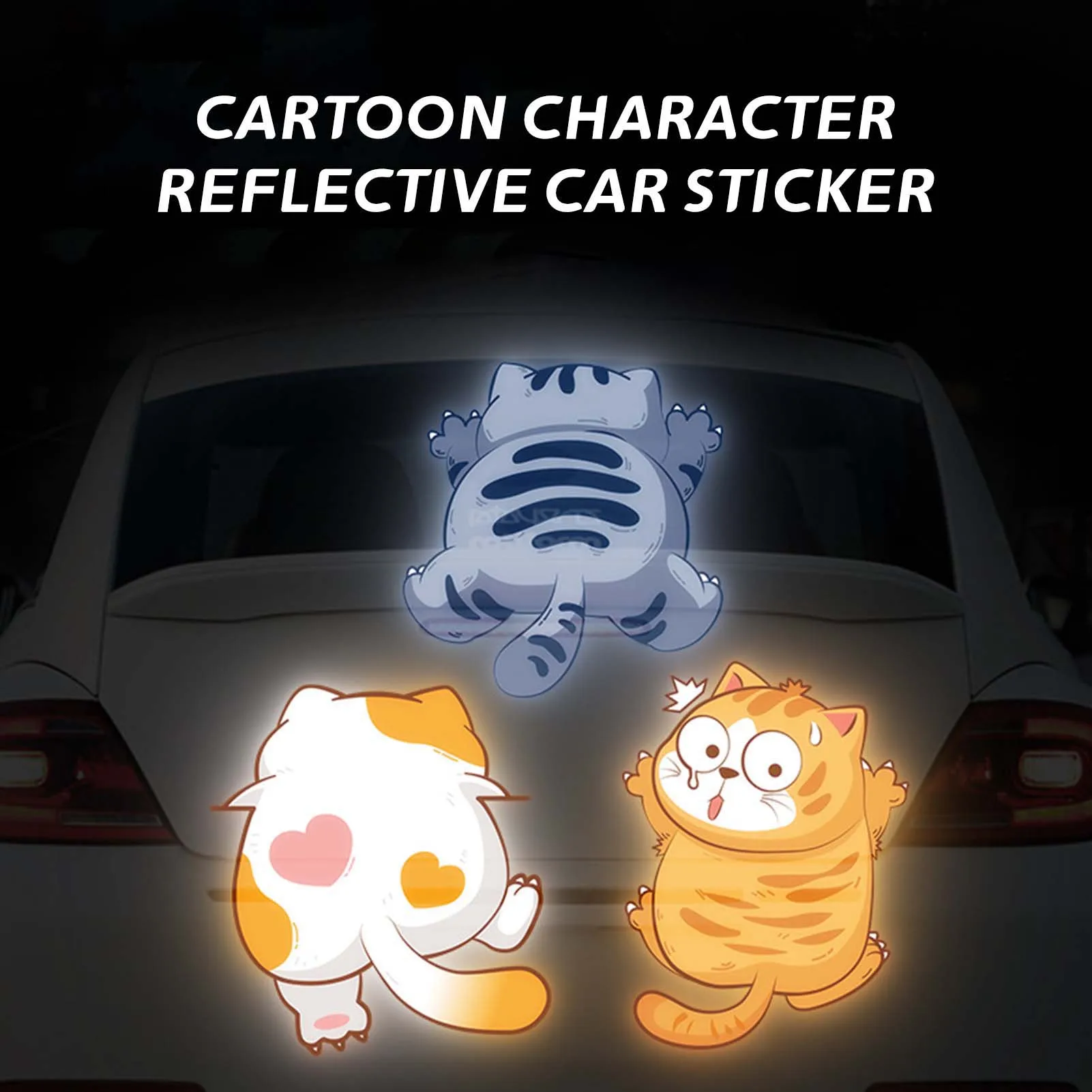 3Pcs Cartoon Cat Reflective Car Stickers Glowing Art Decals for Auto/Motorcycle Windows Body Ornament Night Driving Security