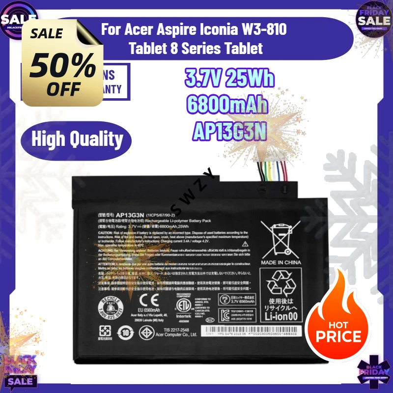 SWZY  High-quality 3.7V 25Wh 6800mAh Model AP13G3N Battery for Acer Aspire Iconia W3-810 Tablet 8 Series Tablet NEW