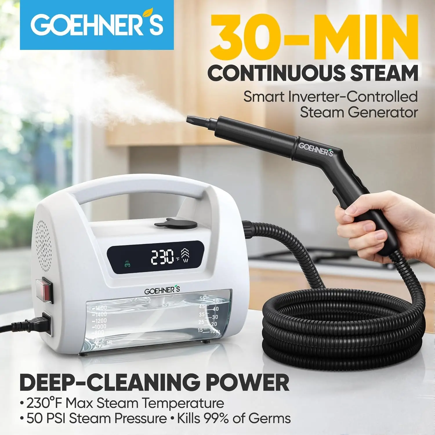 2026 Upgraded 1800W Handheld Steam Cleaner Smart Digital Display 230°F 3.5Bar IP67 Waterproof With Child Lock Full Accessories For Home Car Deep Cleaning