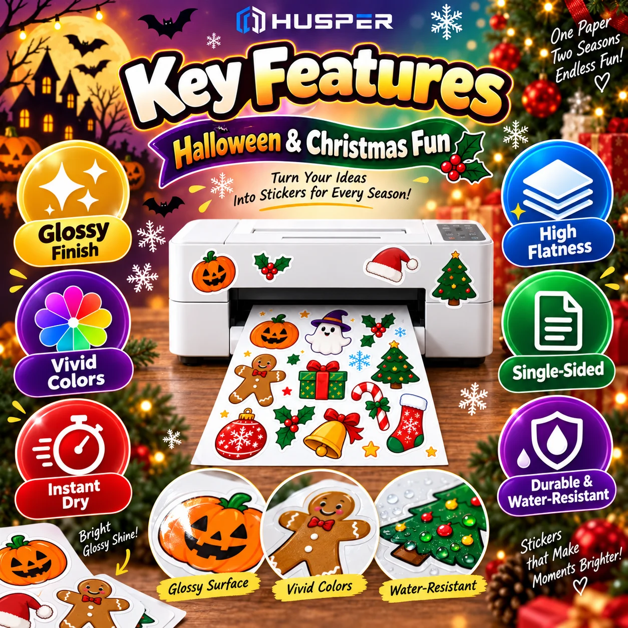 A4 Glossy Vinyl Sticker Paper Printable Self Adhesive Sheets for Inkjet & Laser Printer Halloween Christmas Labels & Decorations