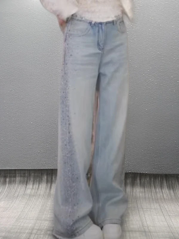 

Весенние женские джинсы с высокой талией, облегающие, длинные, повседневные, с широкими штанинами, с множеством карманов, с бисером, синий деним