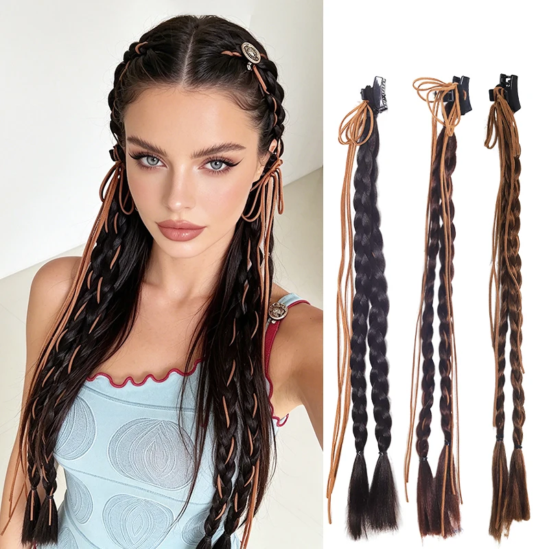 2Pcs High Temperature Fiber Wig Faux Suede String Braid Extensions Easy Clip On Ponytail Synthetic Hair For Daily Party Use