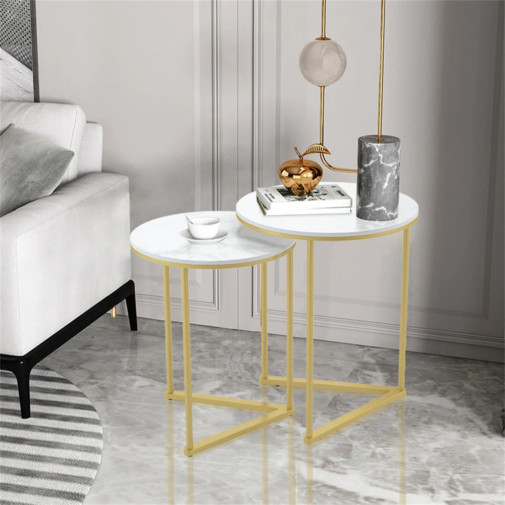 

Modern Round Marble Metal Base Nesting Set Side Accent Table Storage Small End Table, Set of 2, Marble and Gold Living Room