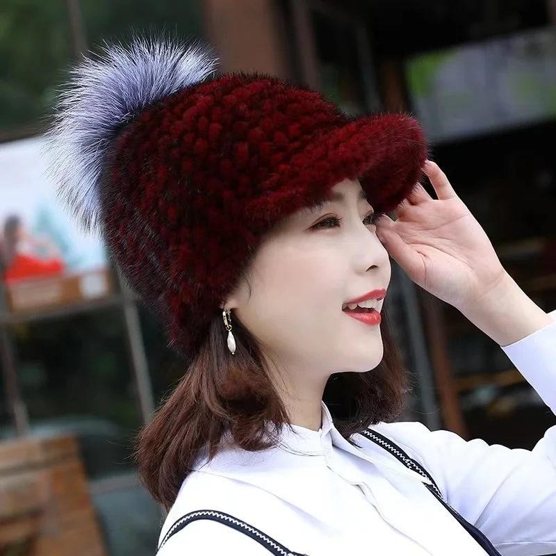 Real Mink Fur Hat Women Winter Duck Tongue Hat With Fox Fur Ball Handmade Knitted Fur Baseball Hat Female Thick Ear Guard Hat