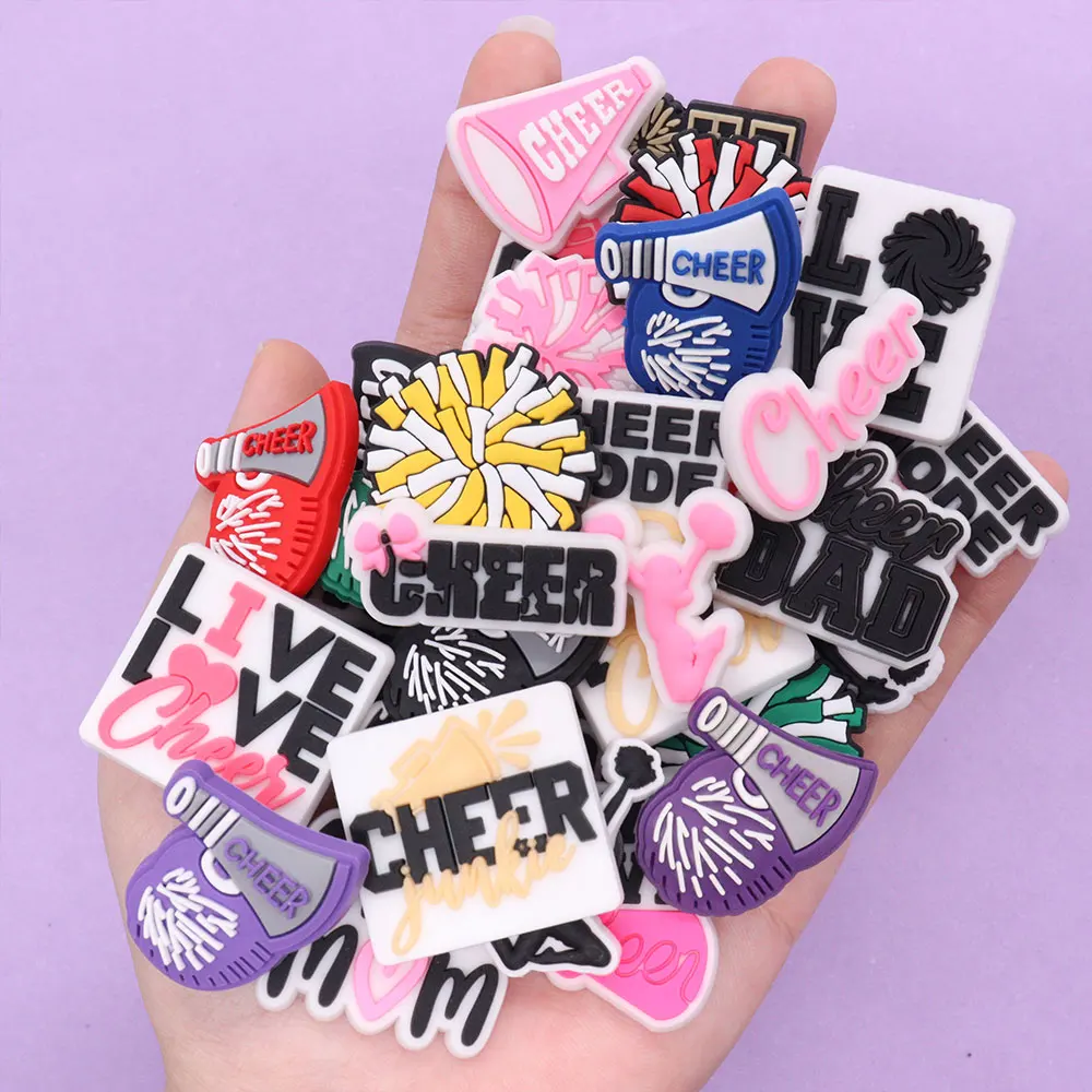 Mix 50PCS PVC Shoe Charms Live Love Cheer Mode On Cheerleader Speaker Dad Mom Sandals Shoes Decoration Accessories For Clogs Pin