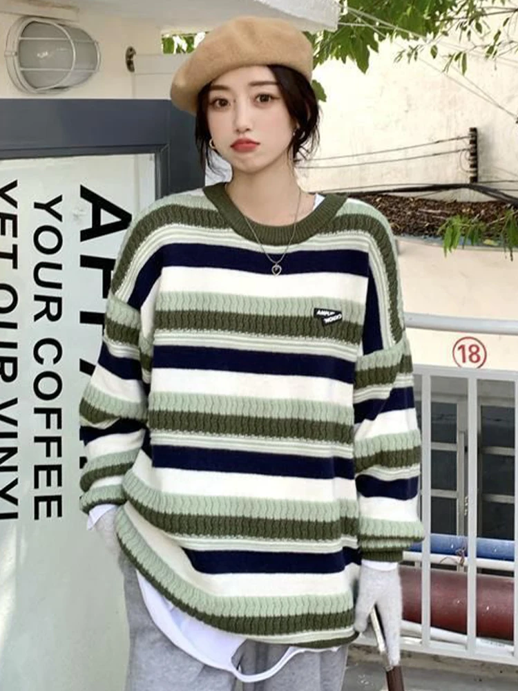 Vintage Striped Sweaters Women Autumn Winter Oversized Casual Knit Pullovers Unisex Couples Hip Hop Knitwear Jumper Female Tops