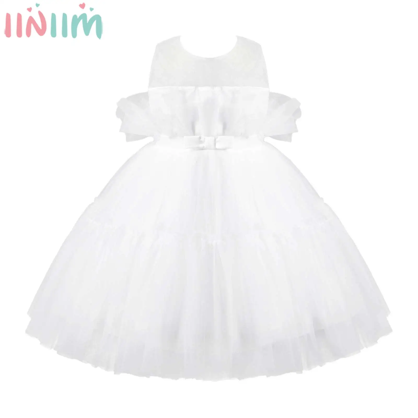 Baby Girls Elegant Tulle Princess Dress Sleeveless Bowknot Ruffle Puffy Tutu Wedding Flower Girls Birthday Party Dress Ball Gown