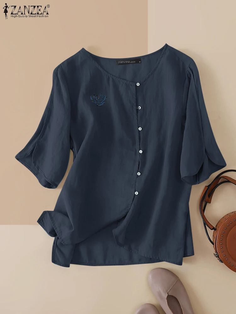 

ZANZEA Summer Blouse Women Vintage Solid Cotton Shirt Fashion Casual Loose Half Sleeve Buttons Down Tunic Tops Embroidery Blusas