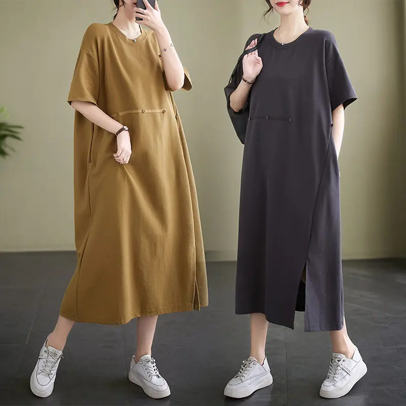 Short Sleeved Dress For Women's 2023 Summer Casual O-Neck Oversized Loose T-Shirt Dress Z1018