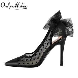 Onlymaker Women Pointed Toe Black Tulle Bow 10CM High Heel Pumps Polka Dots Back Bowknot Mesh Party Prom Pumps