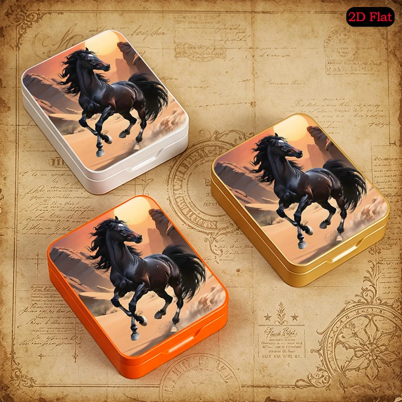 Black Horse in Desert Sunset Theme UV Printed Flip Top Tin Box, Custom Text & Custom Pattern Supported, Durable Tinplate Box