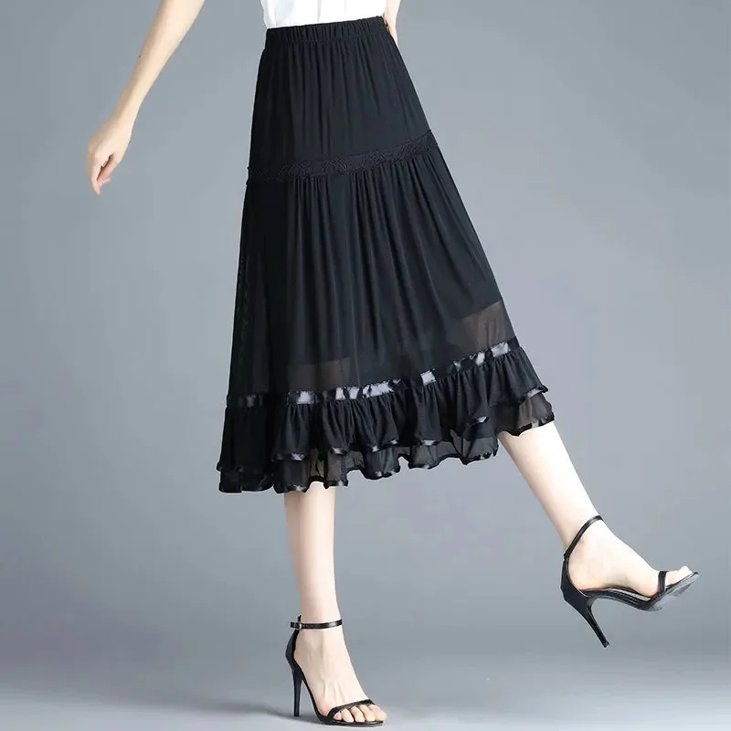 Spring Summer Black Mesh Skirt Women Elastic High-waist Patchwork Lace A-line Sexy Short Skirts Ruffle All-match Dance Skirts