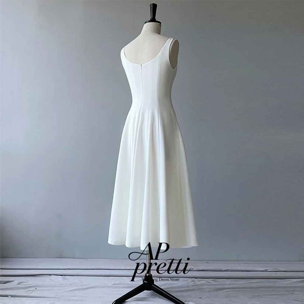 AP pretti Elegant Soft Satin Wedding Dress Square Neck Customized Sleeveless A-line Tea-Length Bridal Gown Vestidos De Novia