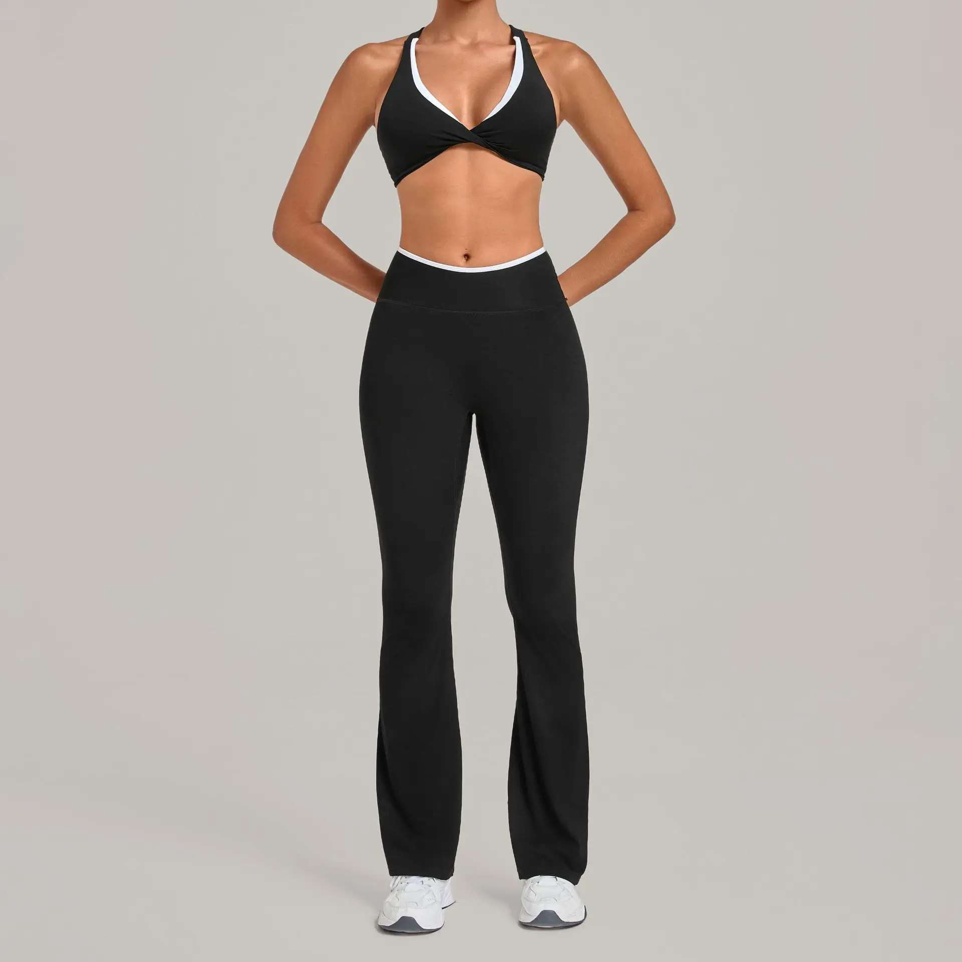 Color Block Activewear Set Knotted Bra+bell-bottoms Pants Gym Workout Women Yoga Sets Running Fitness Sportswear Two-piece Suit
