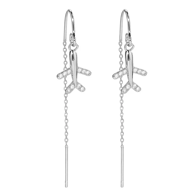 925 Silver Plated Tassel Chain Airplane Earrings for Woman Summer Beach Party Jewelry Gifts eh426
