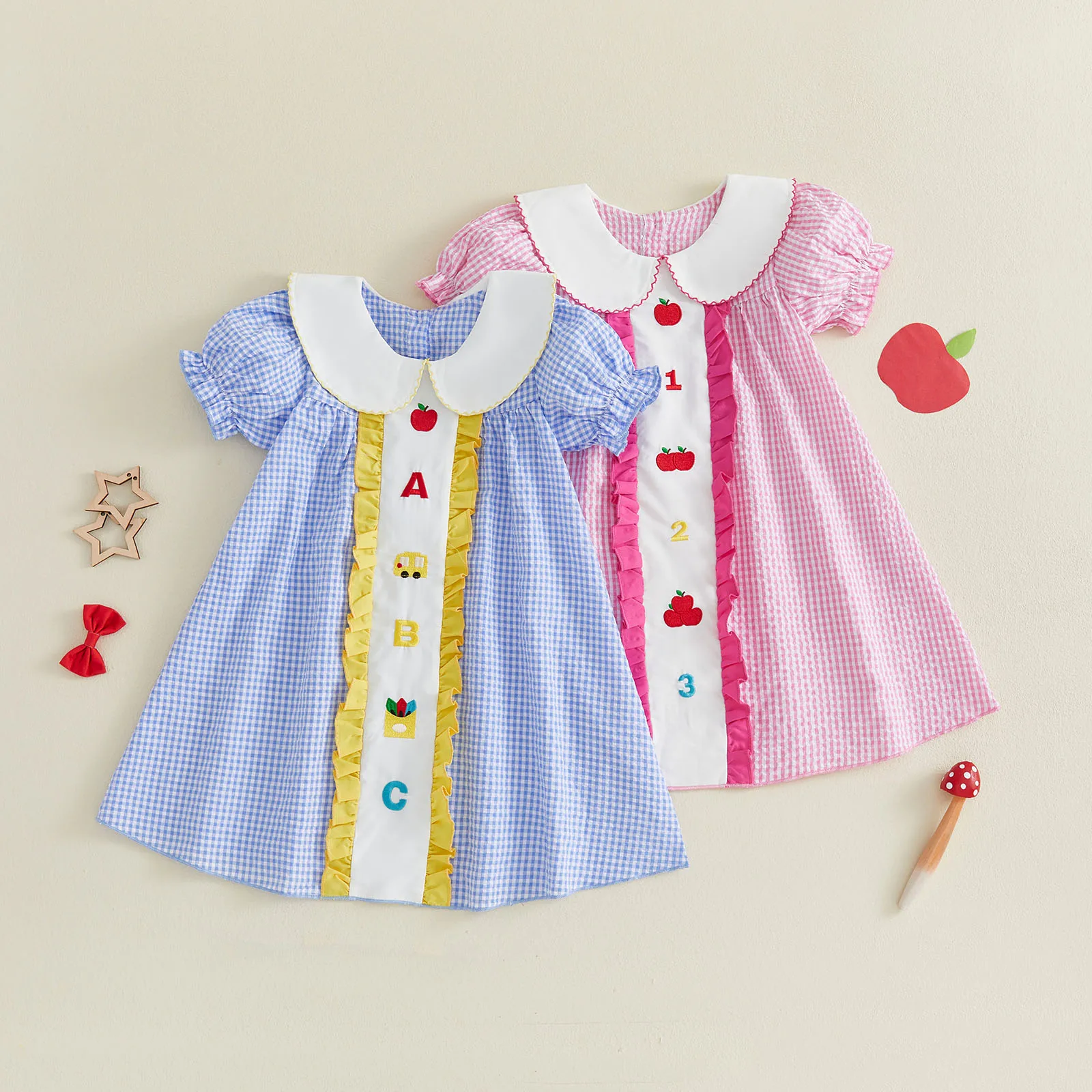 2027 Summer Fashion Toddler Baby Girl Back to School Dress Doll Collar Short Sleeves Plaid Girls Casual Dresses