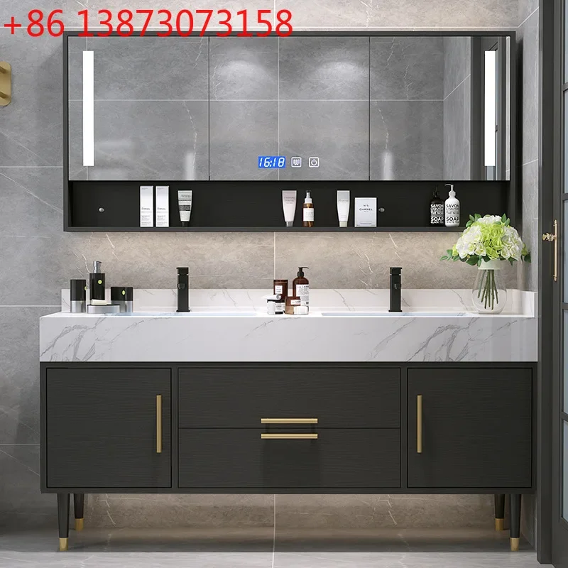 

Solid wood bathroom cabinet combined rock slab integrated basin modern light luxury smart mirror cabinet bathroom washbasin