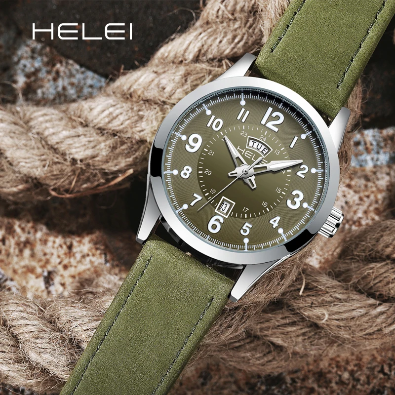 HELEI 2024 New Fashion Leisure Week Date Dial Men's Clock Quartz Movement Male Quartz Watches Men's watches Leather Band Gift