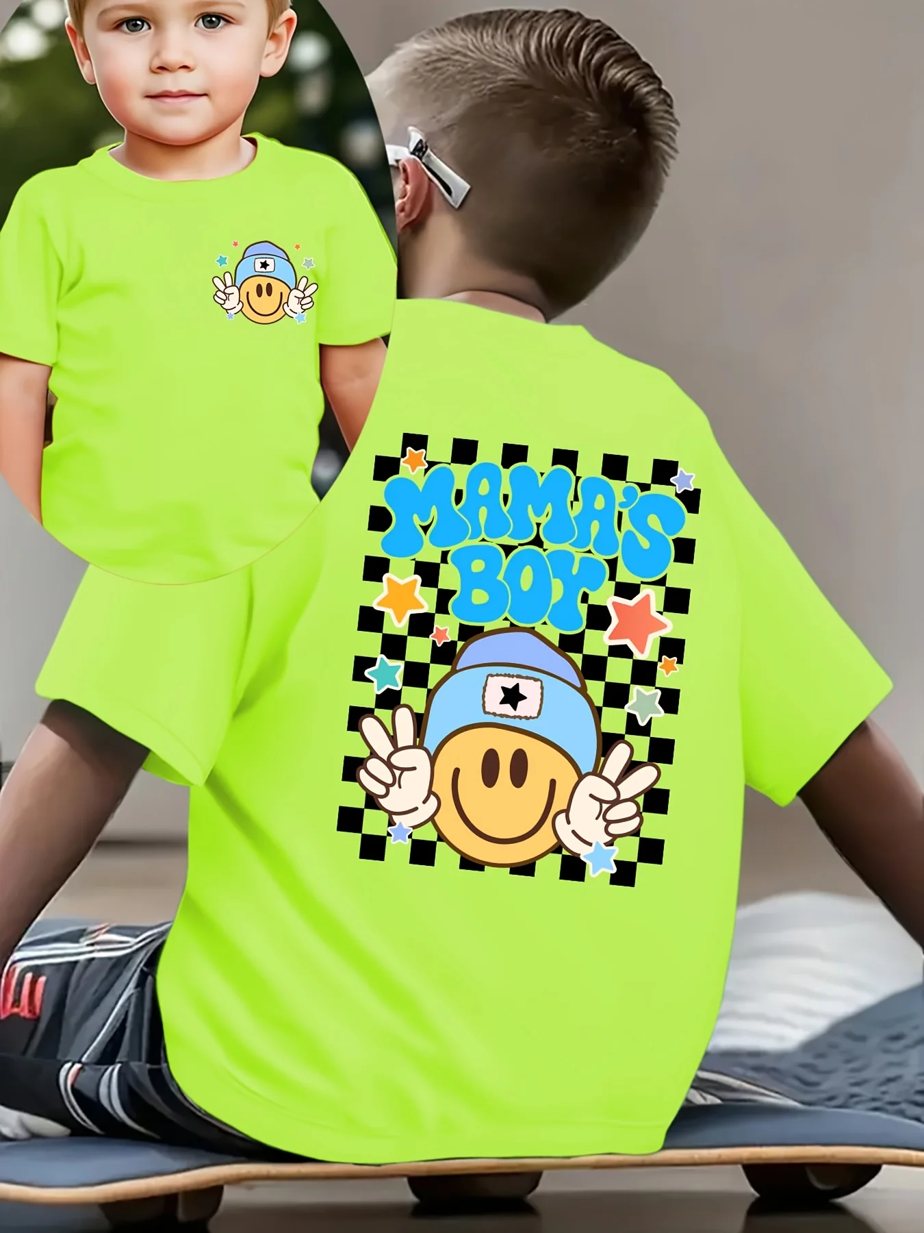 Summer Fashion Children's T-shirt Checkerboard Element Letter Double-sided Printing Cute Short Sleeved Casual Parent-child Top
