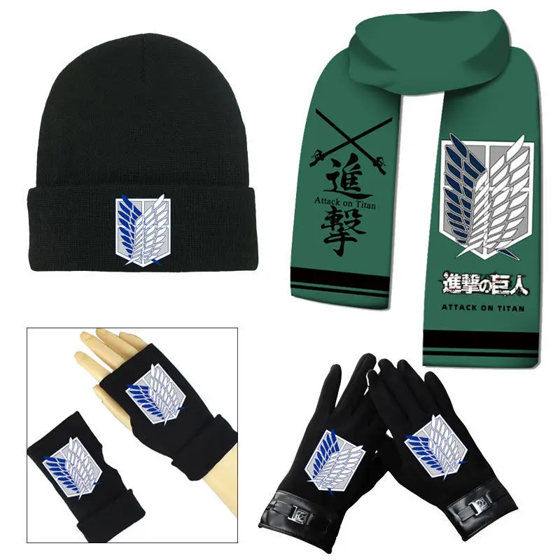 Attack On Titan Eren Jaeger anime peripheral outdoor autumn and winter warm windproof scarf, hat and gloves for boys and girls