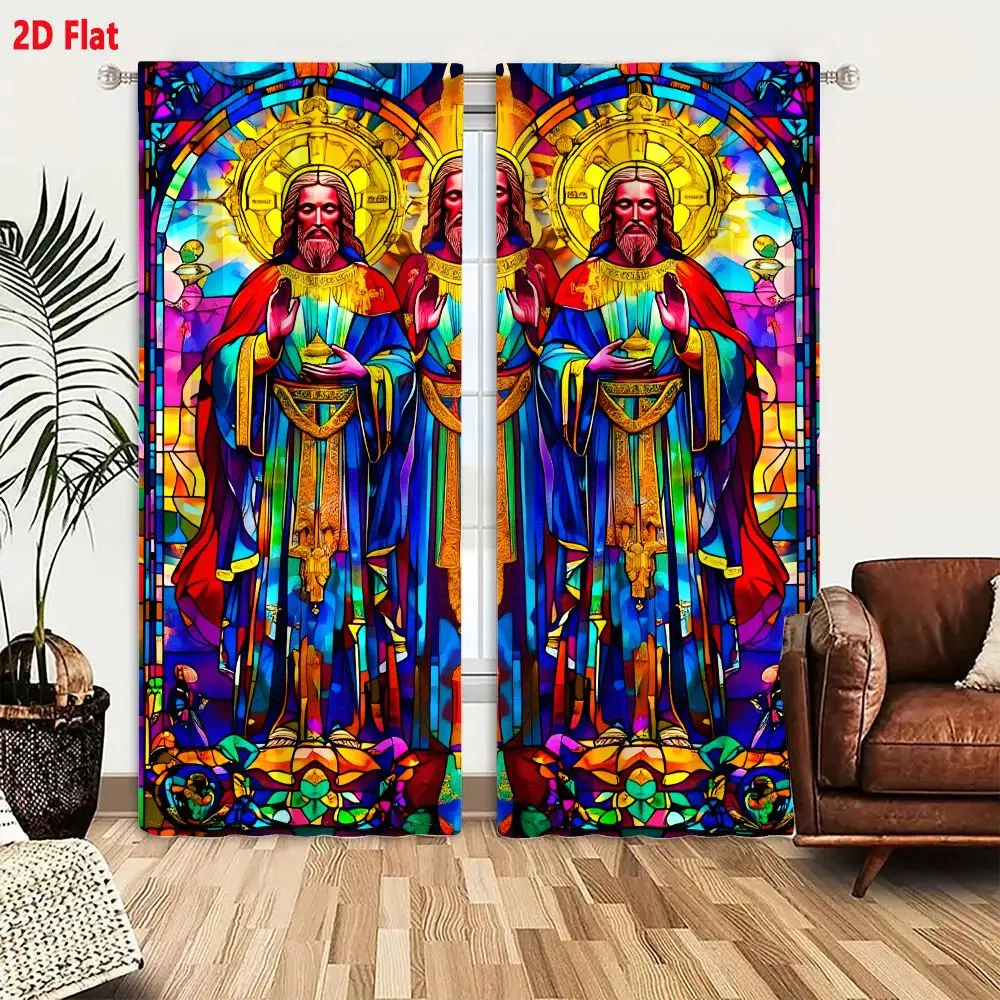 2Pcs Curtains 2D Flat Three Male Figures In Stained Glass With Halos And Robes Window Drapes for Bedroom Room Decor Decoration W