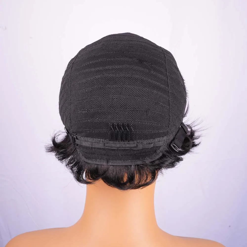 짧은 보브 가발 인모 앞머리 있는 픽시컷 블랙 믹스 퍼플 스트레이트 기계식 가발 흑인 여성용