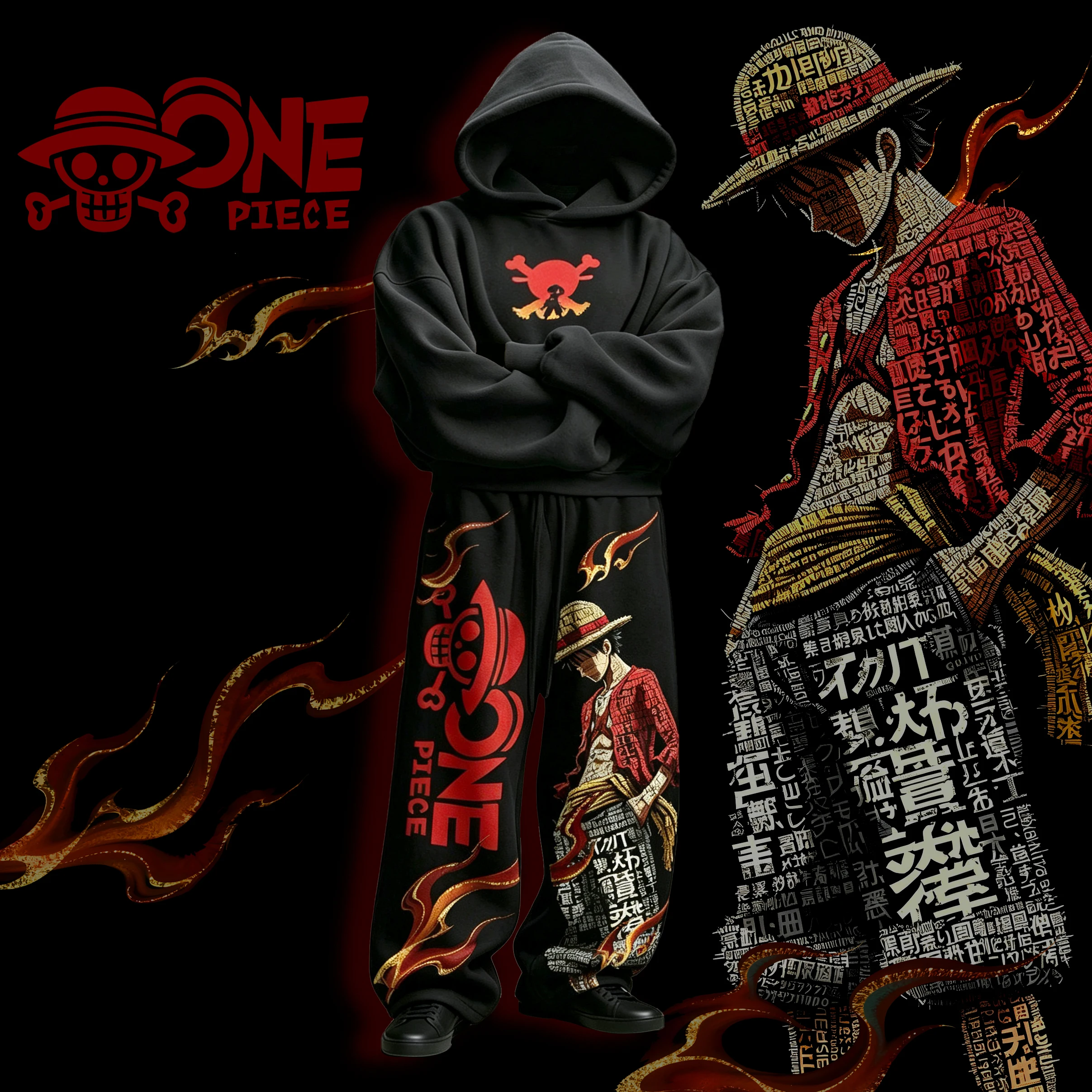 2026 Autumn/Winter New One Piece Luffy Black Hoodie Pants 2-Piece Set Oversized Comfortable Casual Sports Set Men's Hoodie Set